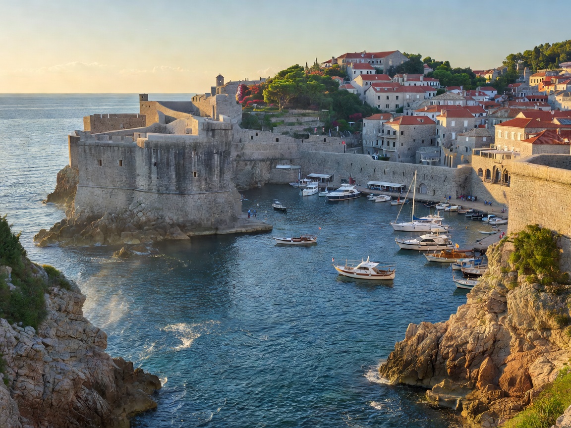 Dubrovnik Adriatic coastline and harbor walls in Croatia
