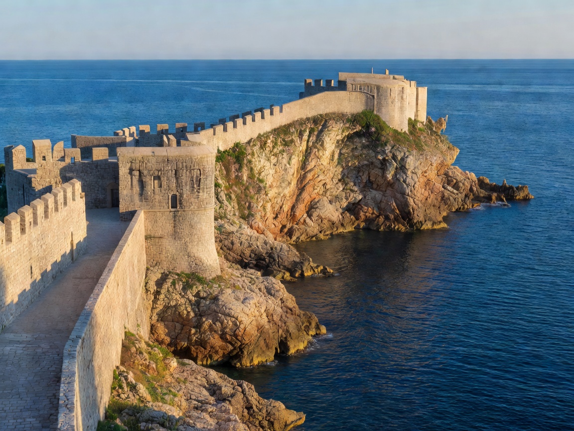 Dubrovnik ancient stone medieval fortress walls overlooking deep blue Adriatic Sea