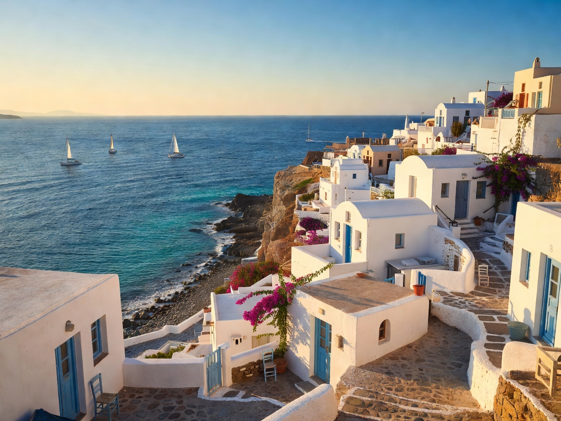 Greek Islands whitewashed village and Aegean Sea