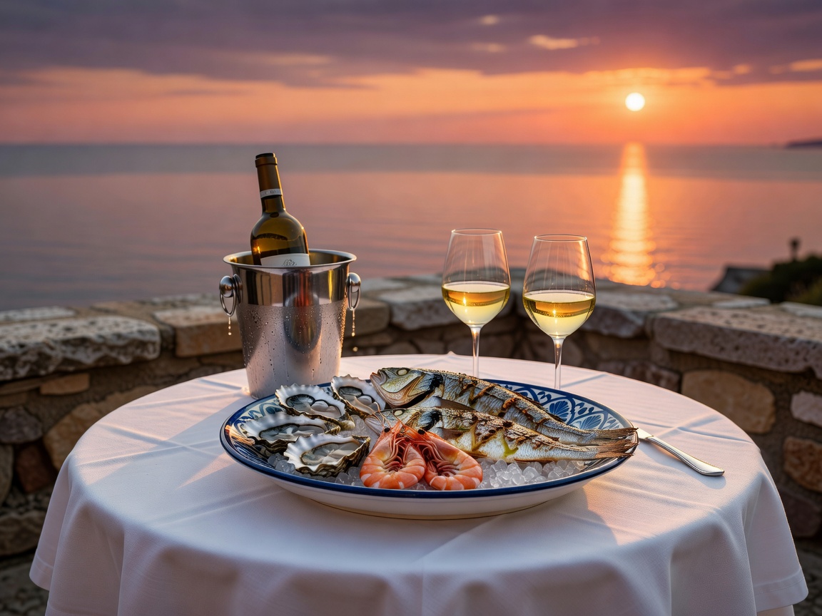 Mediterranean fine dining table with fresh seafood and wine overlooking sunset sea