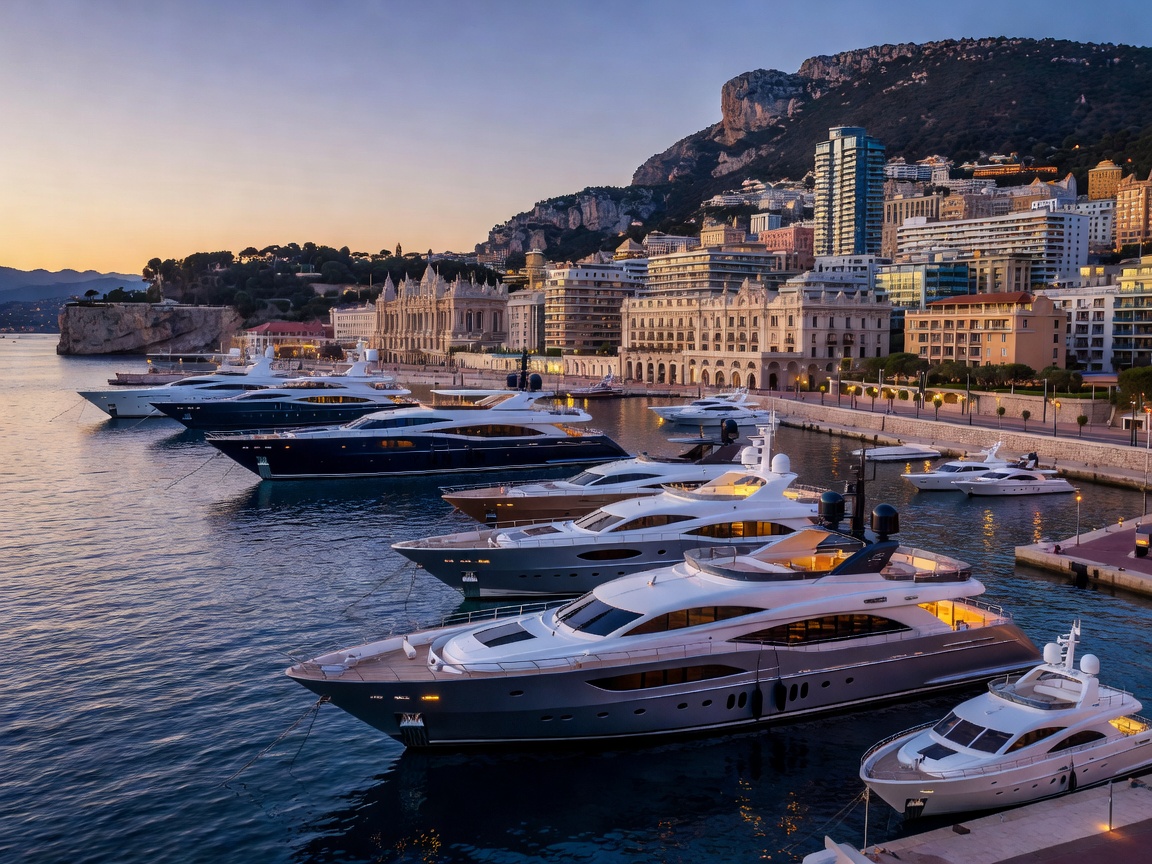 Monaco Port Hercules luxury mega yachts and Mediterranean harbor at dusk