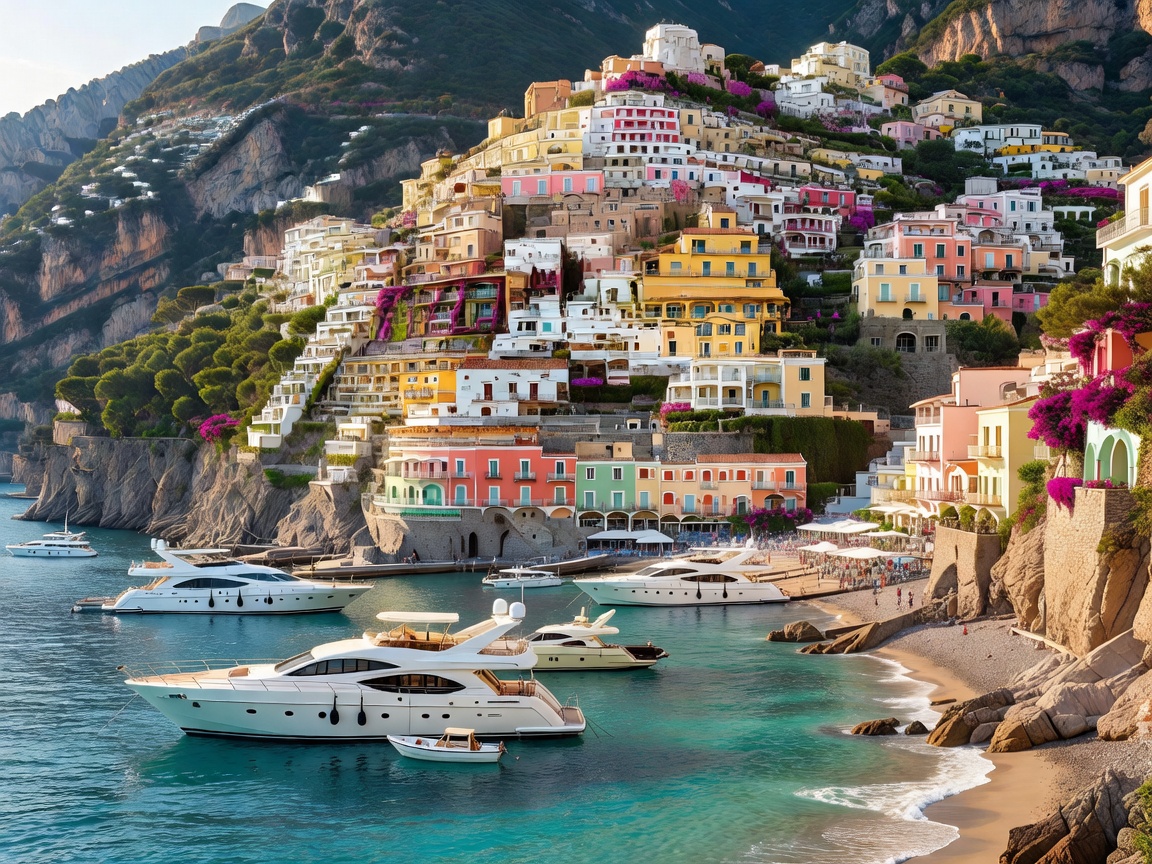 Positano Amalfi Coast cliffside pastel village and turquoise sea with luxury cruise yachts