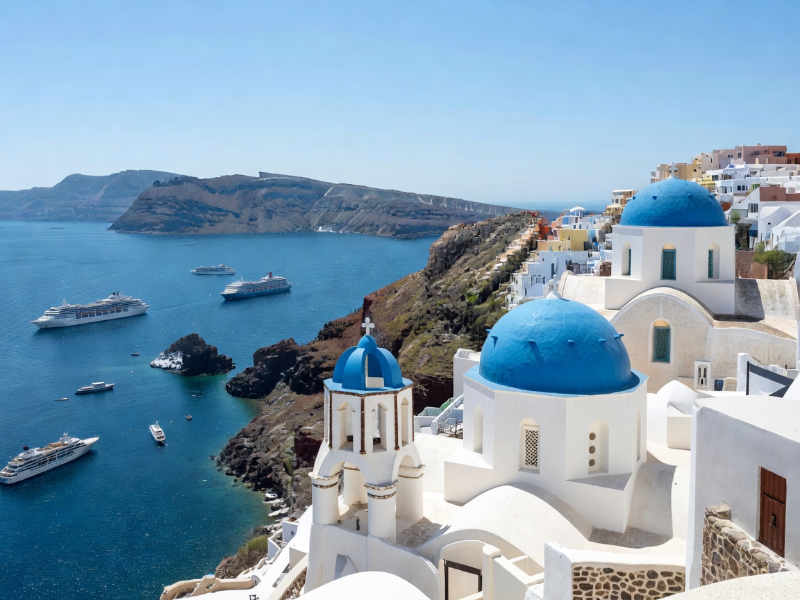 Santorini blue domed churches overlooking Mediterranean caldera cruise ship anchorage